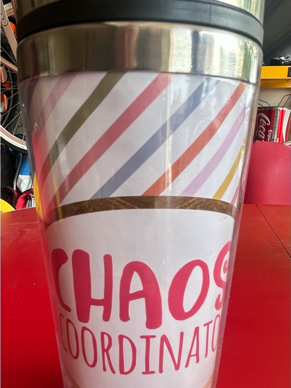 Pink Striped 'Chaos Coordinator' Travel Tumbler